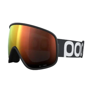 Die Skibrille POC Vitrea Uranium Black Partly Sunny Orange verfügt über eine breite, verspiegelte, orangefarbene Scheibe und ein schwarzes, elastisches Band mit weißem POC-Logo und vereint Stil und Leistung für die Piste.