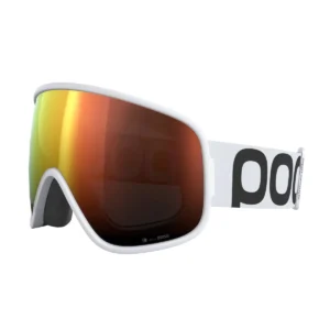 Die Skibrille POC Vitrea Hydrogen White Partly Sunny Orange verfügt über eine breite, reflektierende, orange getönte Scheibe und ein weißes Band mit auffälligem schwarzem "POC"-Schriftzug für scharfe Leistung und auffälligen Stil auf der Piste.