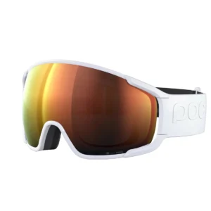 Die Skibrille POC Zonula Hydrogen White Partly Sunny Orange verfügt über eine breite, orangefarbene, reflektierende Scheibe, ein schwarzes, verstellbares Band und einen "POC"-Schriftzug an der Seite.