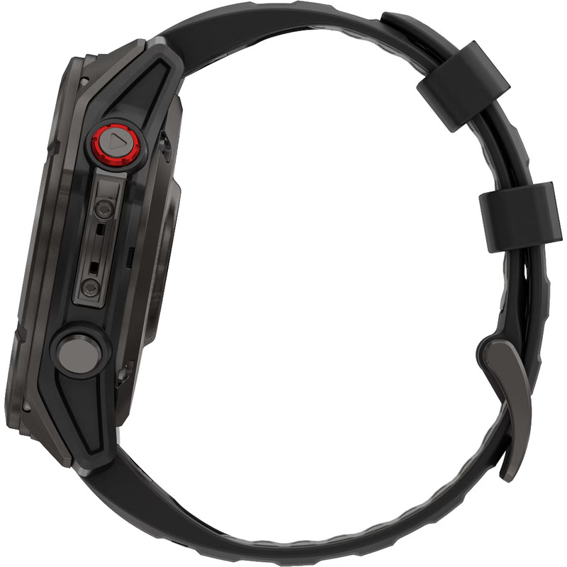Vue latérale de la Garmin Fenix 8 Pro LTE AMOLED Sapphire Noir, 51 mm, avec un bracelet noir texturé, un bouton rouge et plusieurs boutons latéraux.