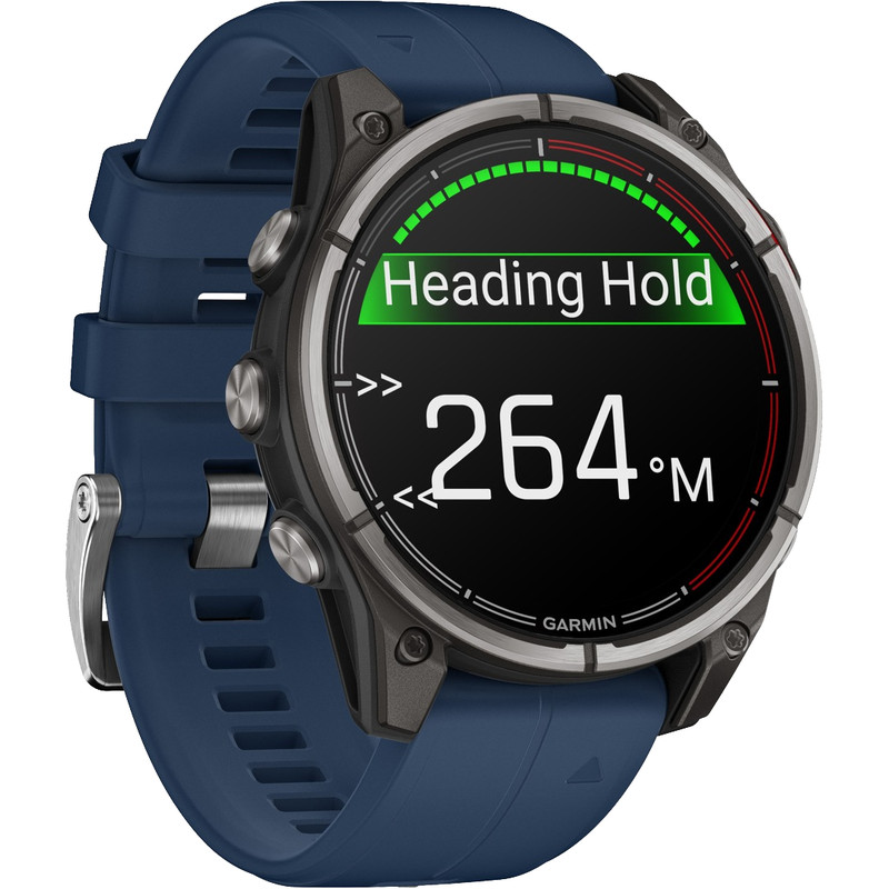 Eine Garmin-Smartwatch mit blauem Armband zeigt auf ihrem Display "Heading Hold" und "264 M" mit Navigationsgrafiken an.