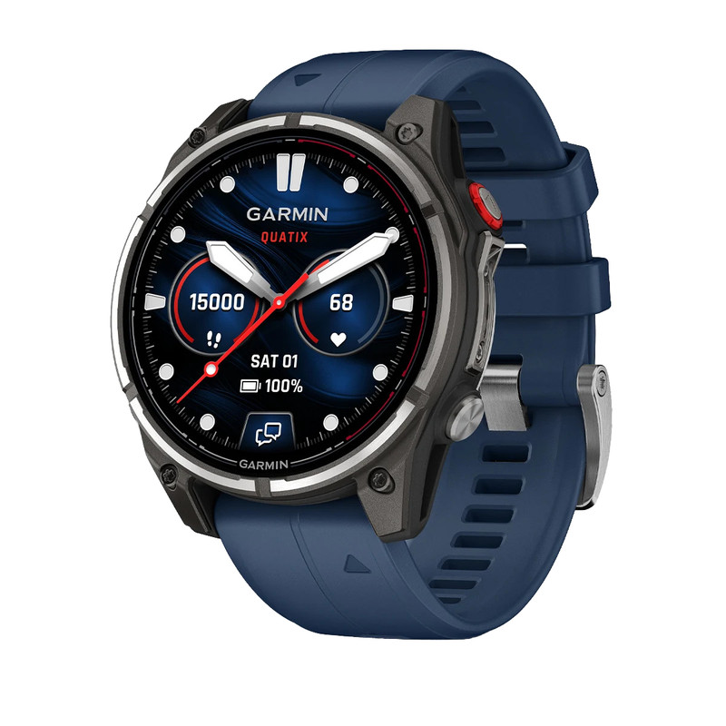 Eine Garmin Quatix Smartwatch mit rundem Display, blauem Silikonarmband und mehreren auf dem Display angezeigten Fitnessdaten.