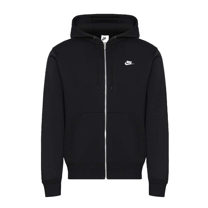 Schwarzer Kapuzenpulli mit Reißverschluss, Kapuze, zwei Vordertaschen, Kordelzug und einem kleinen weißen Nike-Logo auf der linken Brust.