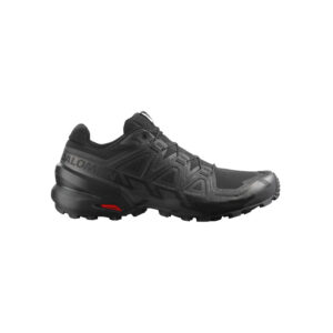Ein schwarzer Salomon Trailrunning-Schuh mit robustem Profil, Mesh-Obermaterial und Schnürverschluss, dargestellt in einer Seitenansicht auf weißem Hintergrund.