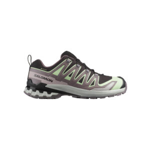 Ein Salomon Trailrunning-Schuh in den Farben Schwarz, Mintgrün und Lavendel, dargestellt im Seitenprofil auf weißem Hintergrund.