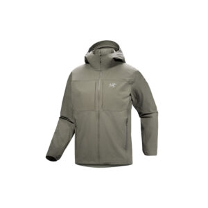 Eine graue, langärmelige Kapuzenjacke mit Reißverschlüssen und Taschen auf weißem Hintergrund.